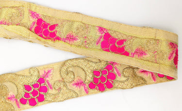 Beige Art Silk Fabric Trim with Floral Embroidery in Peach, Gold and Fuchsia, Flower Embroidered Trim